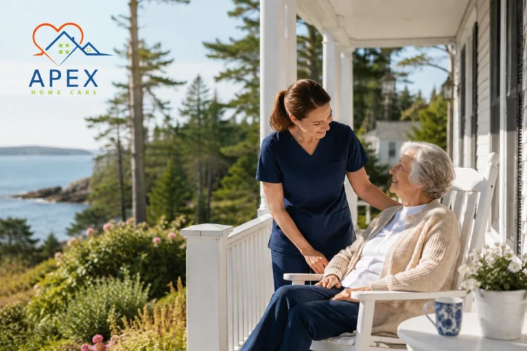 Compassionate caregiver providing senior care at home to an older adult relaxing on the porch of a beautiful coastal Maine home surrounded by pine trees and a peaceful New England landscape.