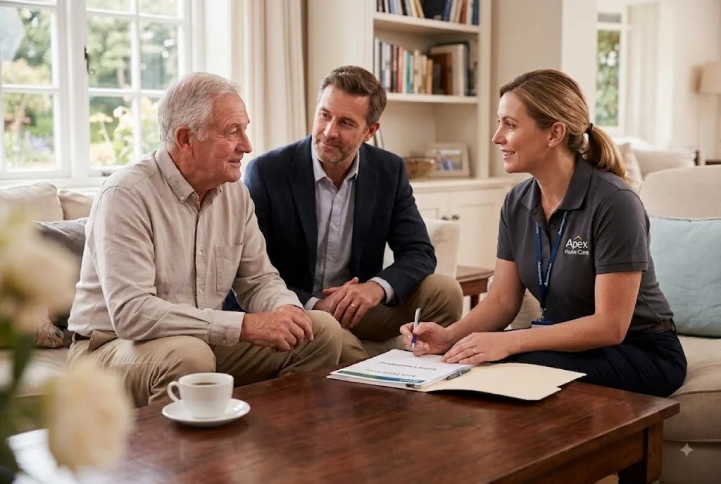 An elderly man and his son sit on a sofa in a living room, engaged in a conversation with a female home care consultant from Apex Home Care who is reviewing documents with a pen.