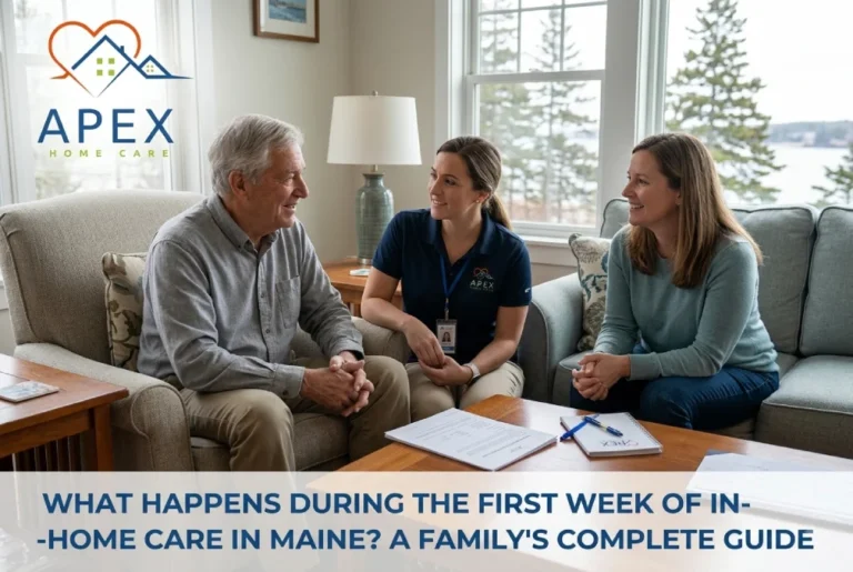 An Apex Home Care professional discussing a home care plan with a senior man and his family member in a bright Maine home living room.