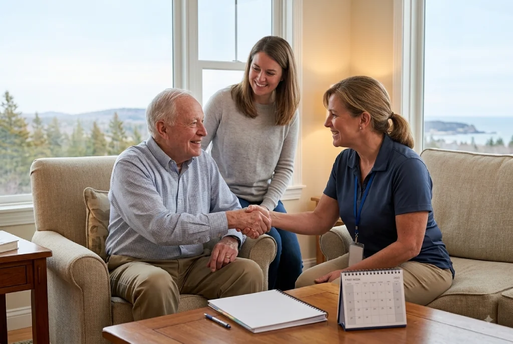 An elderly man shaking hands with a female care professional.