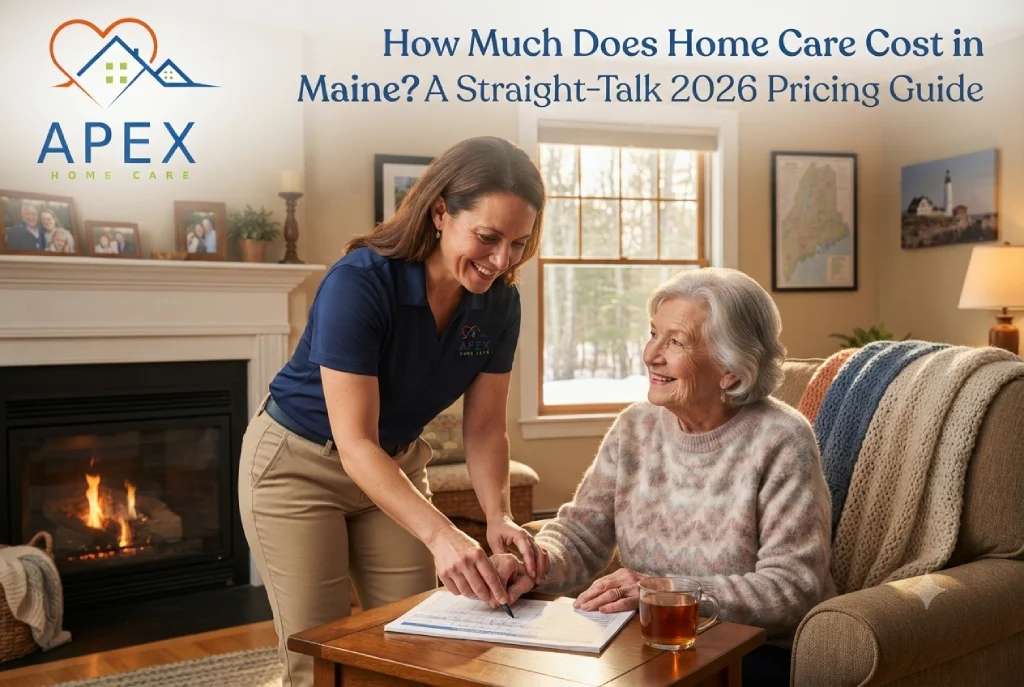How much does home care cost in Maine: A professional caregiver in a navy blue shirt reviewing a care plan with an elderly resident in a cozy Maine home with the Apex Home Care logo