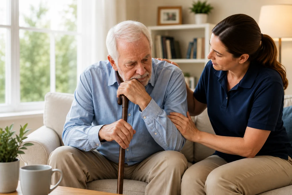 Caregiver supporting an older man with Parkinson's Care at Home in Maine