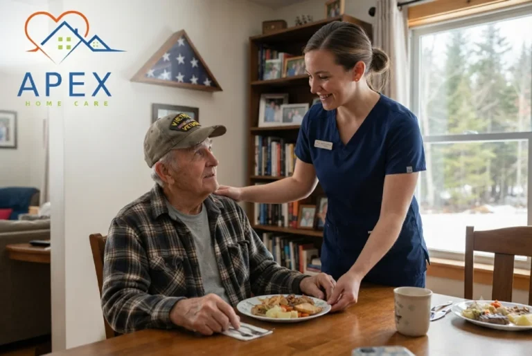 A professional caregiver assisting an elderly veteran at home as part of VA Aid & Attendance benefits, with the Apex Home Care logo in the top-left corner.