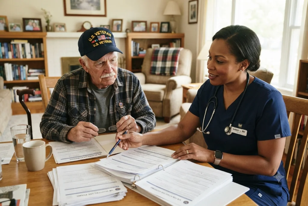 A professional caregiver in navy blue scrubs helping an elderly veteran review VA Aid and Attendance paperwork at a table.