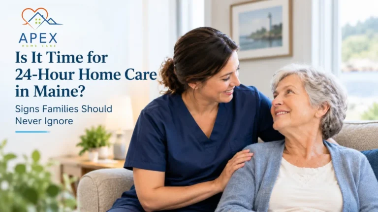 Caregiver providing compassionate support to an elderly woman at home for 24-hour home care in Maine.